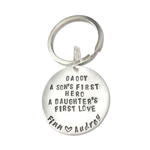 Daddy - Son's Hero & Daughter's First Love Keychain - Hand to Heart Jewelry