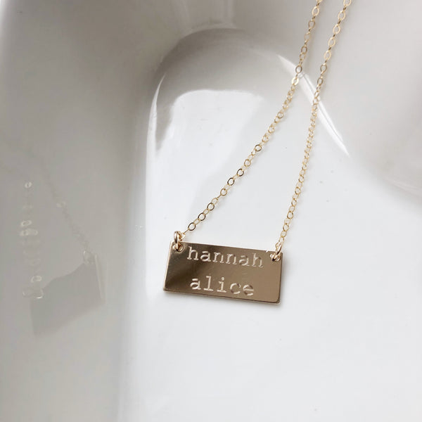 Double Width Bar Necklace - Machine Engraved- Precious Metals