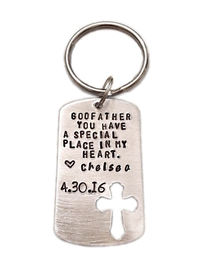 Godfather Baptism Gift - First Communion Personalized Dog Tag Keychain - Hand to Heart Jewelry