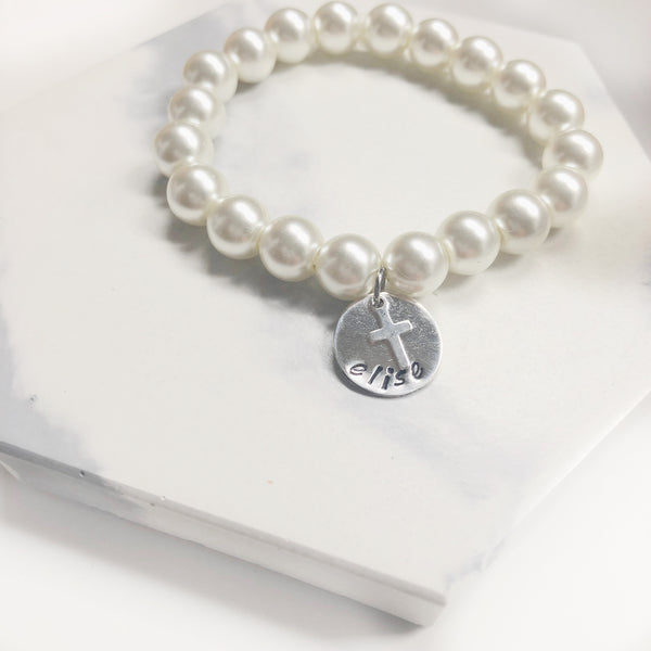 Pearl Stretch Bracelet with Cross - Hand to Heart Jewelry