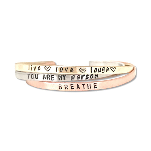 Trio of Mantra Bracelets {one silver, one gold, one rose gold} - Hand to Heart Jewelry